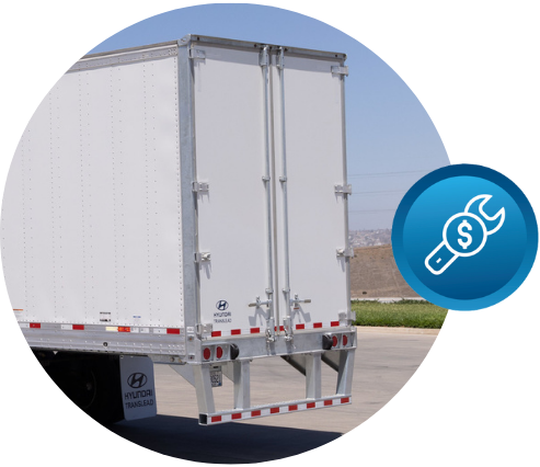 Rear view of a white Hyundai 53' dry van trailer, with an icon representing repair costs, highlighting Hyundai Translead's focus on innovative trailer technology that impacts maintenance and operational efficiency.