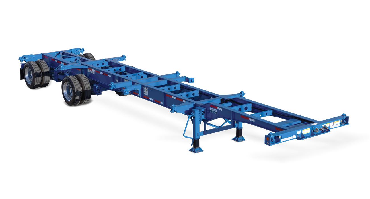 A blue Hyundai Translead Extendable Chassis, showcasing Hyundai's innovation and advanced trailer technology for versatile container transportation.