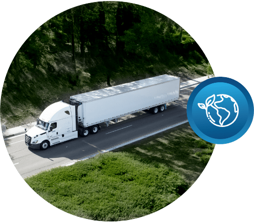 Environmental Impact An aerial view of a white semi-truck pulling a Hyundai Translead trailer on a winding road, with an icon representing environmental sustainability, highlighting Hyundai's HT HANS trailer thermal insulation technology for consistent thermal performance.