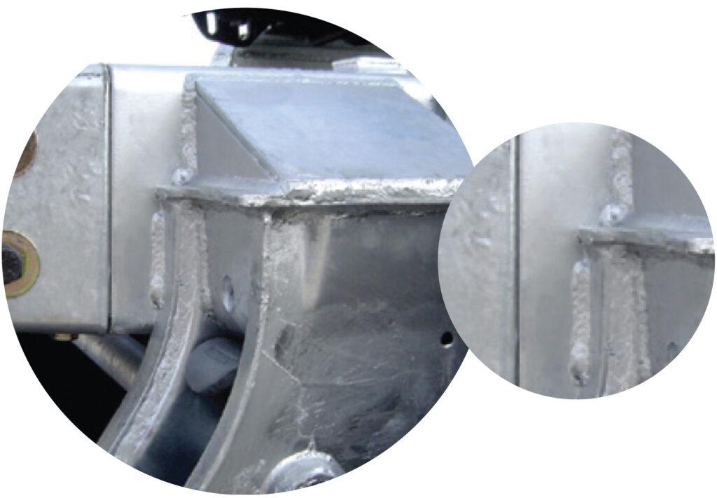 High_AlloyConstruction Close-up of welded components on a Hyundai Translead dolly or chassis, emphasizing state-of-the-art manufacturing and robust construction, showcasing Hyundai's trailer technology and innovation.