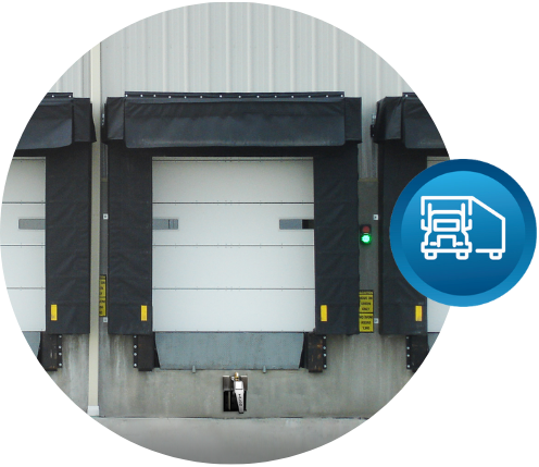 LINKVUE A row of loading docks with an icon representing load transfer and delay, emphasizing how Hyundai Translead's trailer technology and innovation, such as HT LinkVue, can optimize operations and reduce delays.