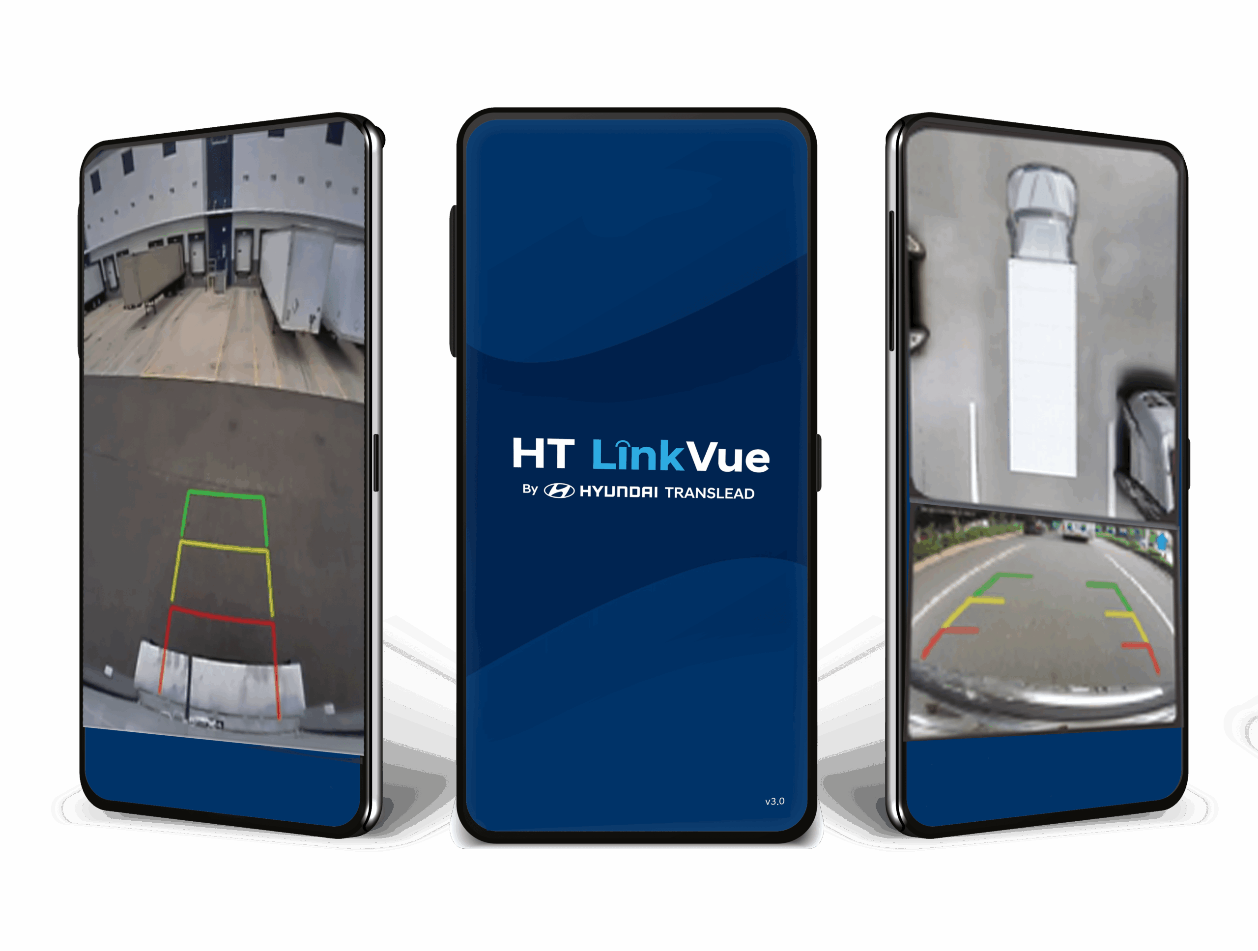 LinkViewTeaser-1 Three smartphone screens demonstrating HT LinkVue technology of Hyundai Translead, displaying real-time camera views for enhanced trailer driving visibility and backup assistance.