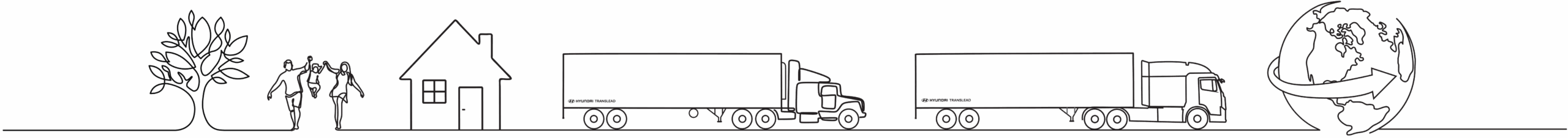 Website_DryVan_Xcient_FinalTrailerSide Minimalist line drawing depicting the journey of goods from nature to consumption, with a Hyundai Translead trailer highlighting modern trailer innovation in transport.